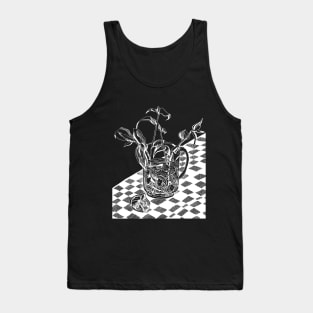 White outline on a black background. Still life with flowers. Tank Top